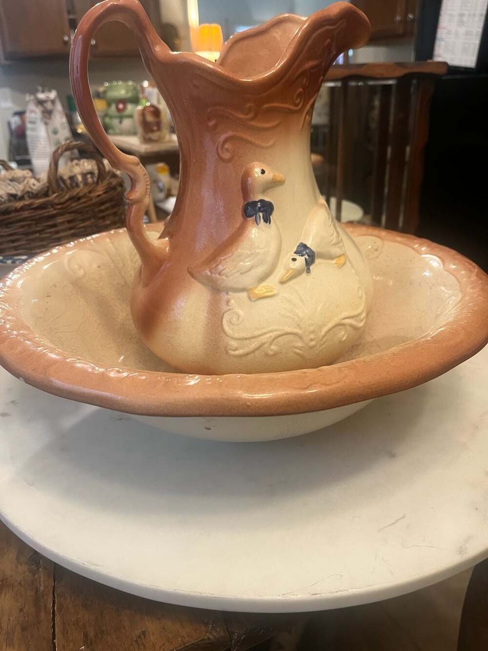 Vintage MCM 2 Ducks Large 12" Water Pitcher & 16" Wash Basin Bowl Pink & White